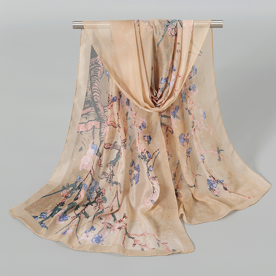 Écharpe en soie pour femmes, motif de fleur de prunier, écharpe longue en gaze, protection solaire, sac à bandoulière, foulard