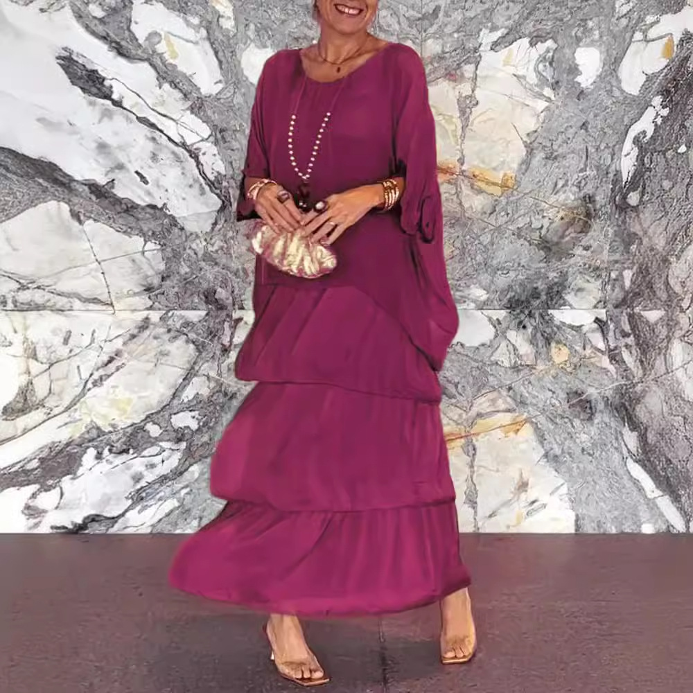 Robe longue élégante en mousseline à imprimé floral pour femme, style bohème, col rond, manches chauve-souris mi-longues, jupe superposée, collection printemps