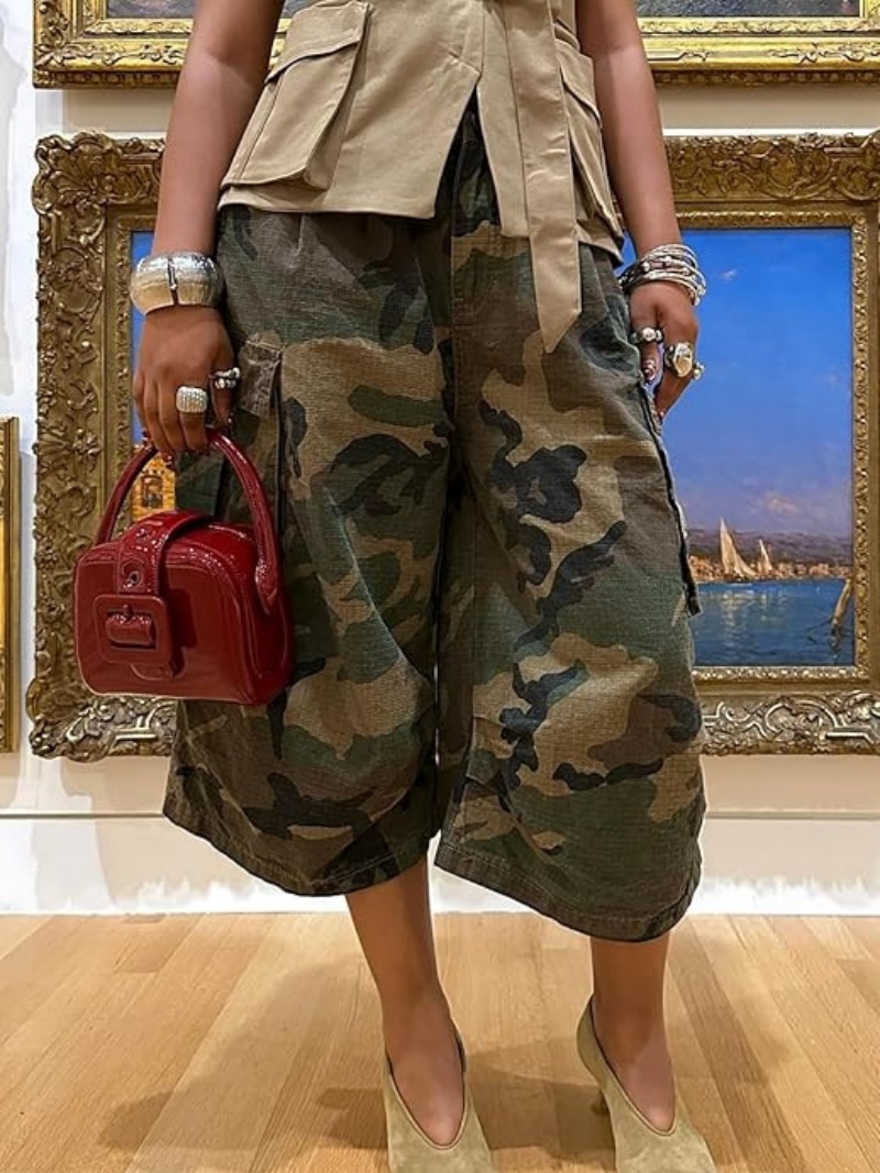 Pantalon Cargo de Camouflage pour femmes, Streetwear, vêtements d'été, taille haute, longueur mollet, jambes larges, décontracté, Capris