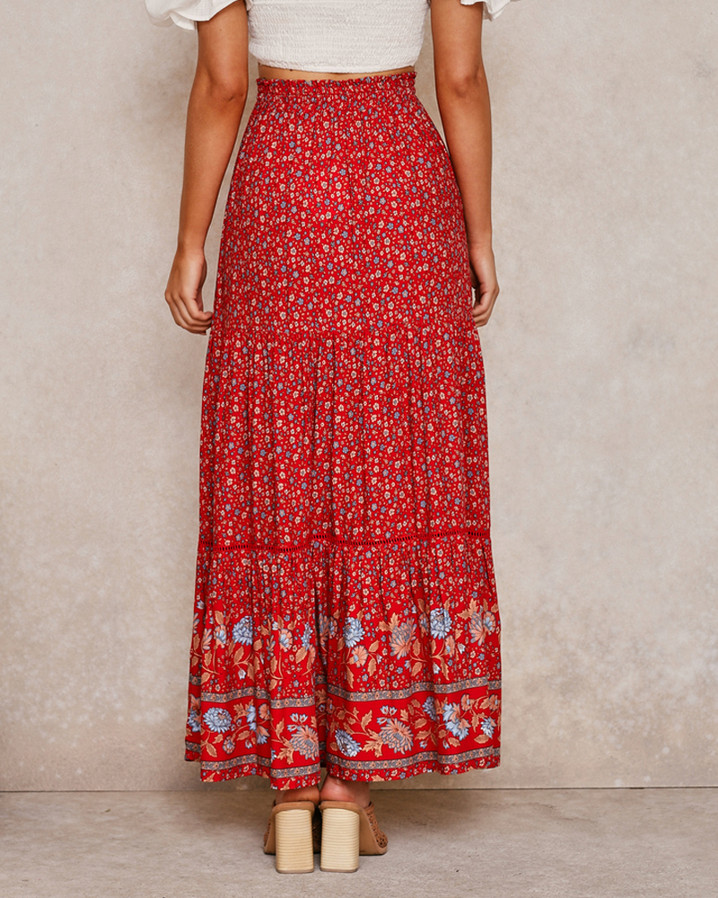 Boho Dinner ens-Jupe de plage beige à imprimé floral pour femmes, taille haute élastique, rayonne, coton plissé, maxi gitane