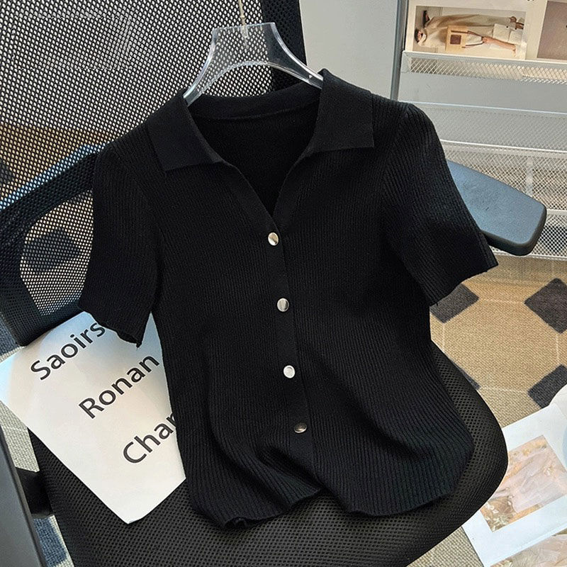 T-shirt à Manches Courtes en Tricot pour Femme, Vêtement Chic, Col Polo, Décontracté, Fin, Assressenti, Solide, Respirant
