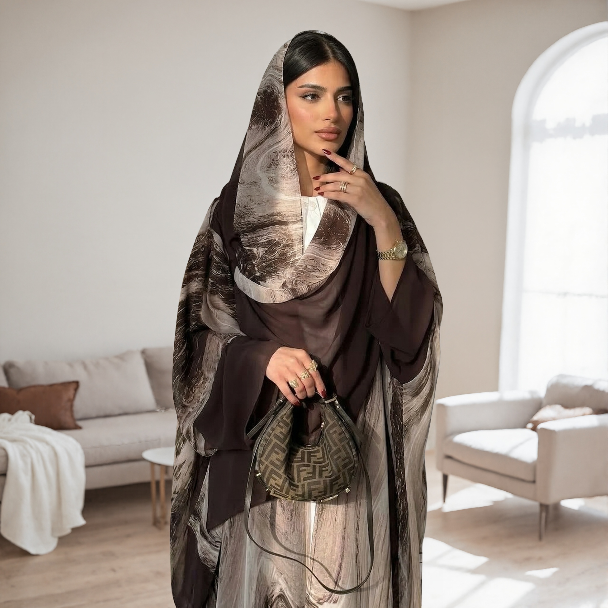 Ensemble Abaya en Chiffon Imprimé 2 pièces |   Kaftan long décontracté pour femmes musulmanes, à col ouvert, avec hijab assorti