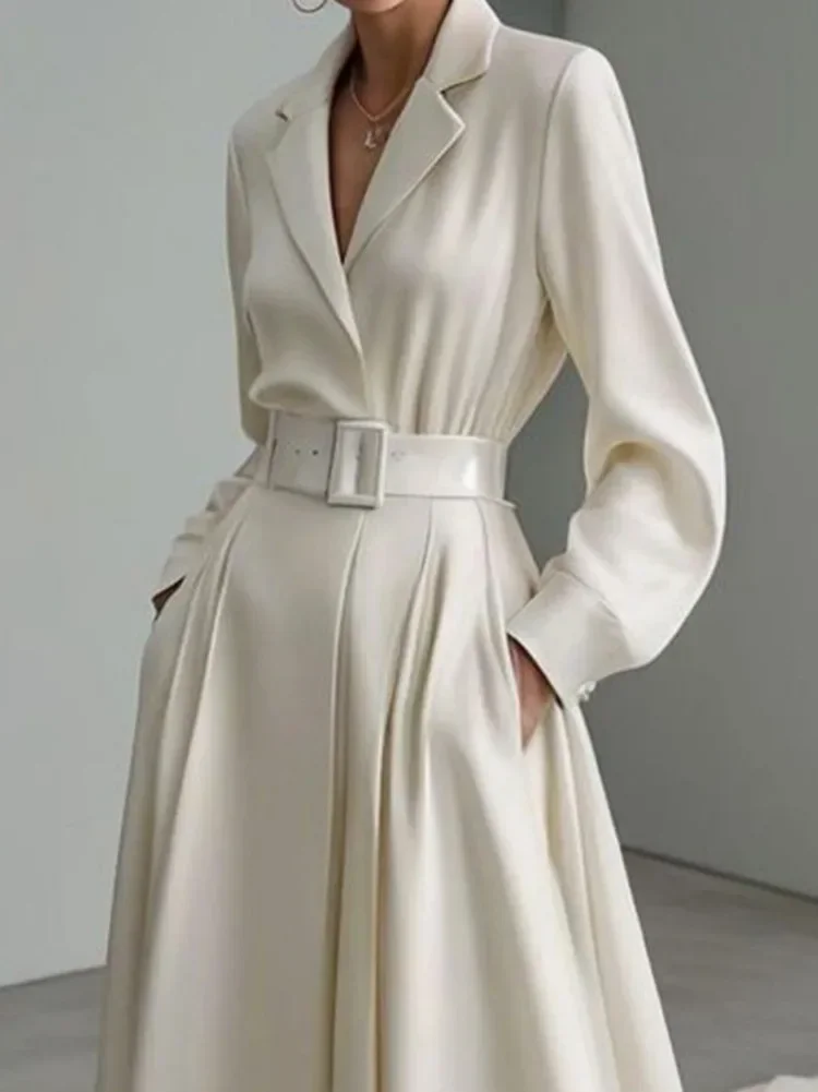 Robe de soirée blanche pour femmes, Maxi, élégante, manches longues, ample, sans ceinture, col cranté, vêtements pour femmes, nouvelle collection