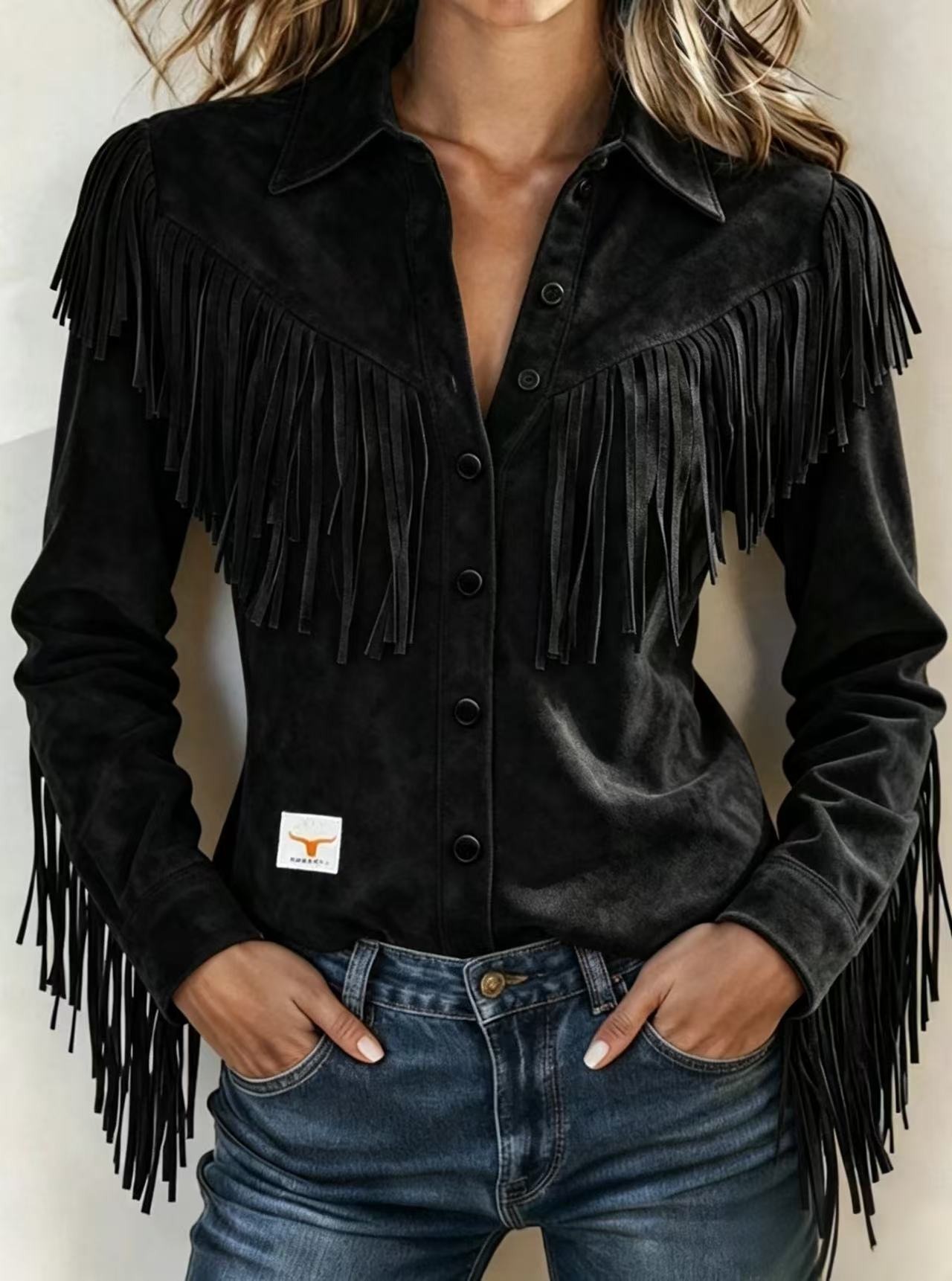 Veste Courte Femme à Col Chemise et Pompons, Manches Longues, Style Western Rétro, Simple Boutonnage, Printemps Automne, Streetwear