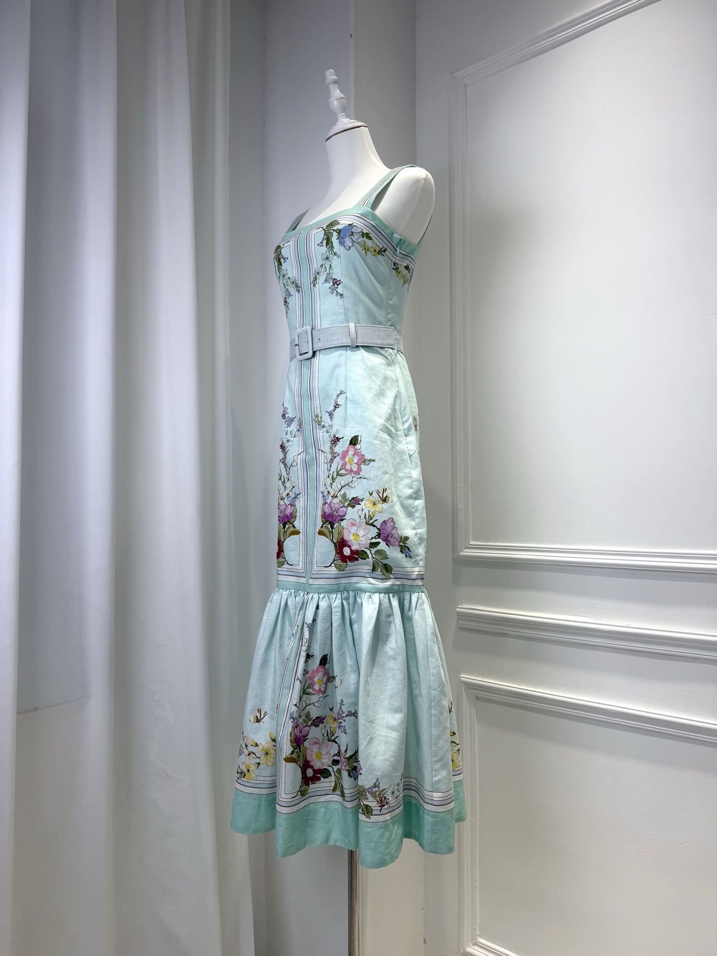 Robe longue à imprimé floral pour femmes, mélange de coton, col carré, sans manches, taille haute, robe décontractée pour femmes avec ceinture