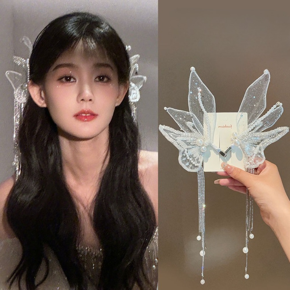 Pince à cheveux de mode haut de gamme, pince à cheveux féerique à pompon de perles, serre-tête ailes de papillon, accessoire de cheveux petite fée