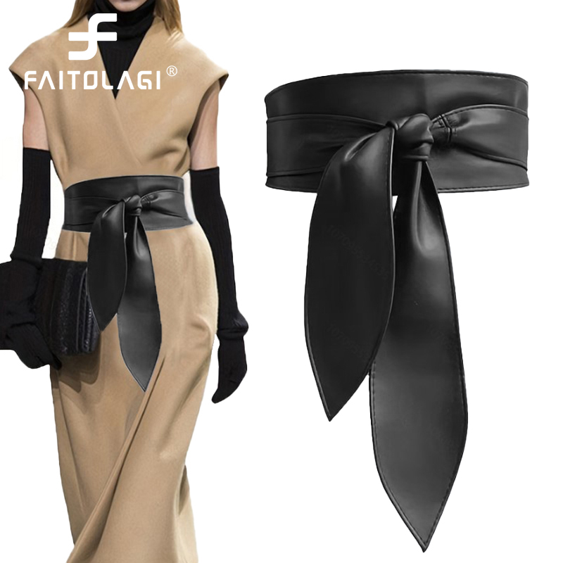 Ceinture en cuir PU noir pour femmes, large ceinture pour manteau, robe, ceintures décoratives, sans trous, à la mode