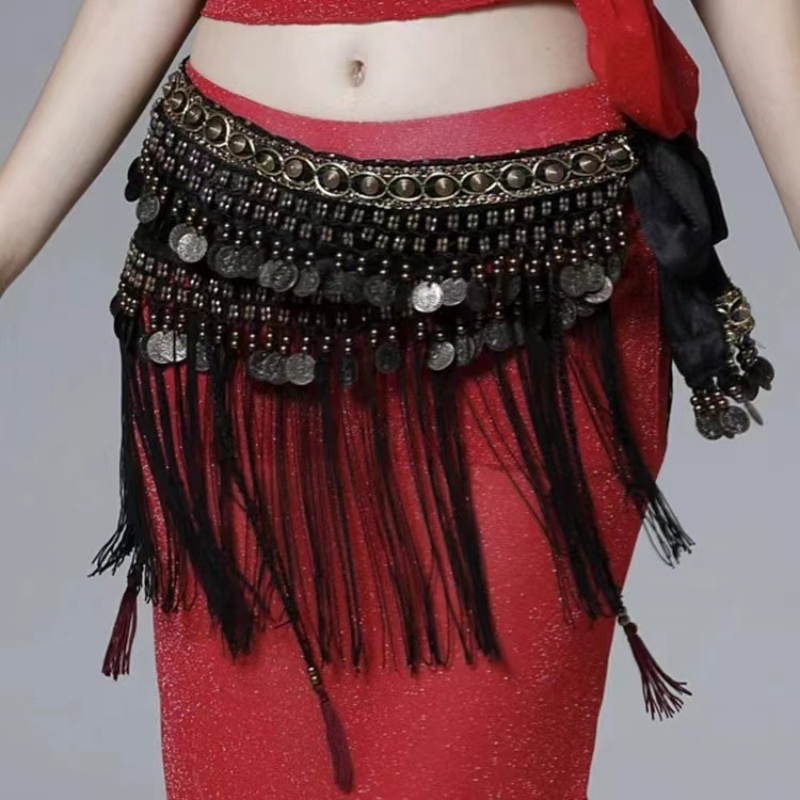 Costumes d'écharpe de hanche de danse du ventre tribal pour femmes, paillettes financières, long pompon, ceinture de danse du ventre, jupe ronde, taille, tenue de carnaval