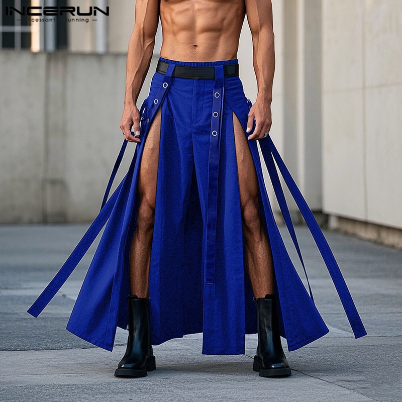 Hommes jupes solide pantalon irrégulier taille élastique surdimensionné fendu pantalon hommes jupes Streetwear 2025 mode hommes bas INCERUN