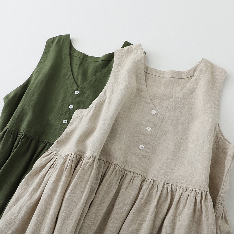 Nouvelle Robe Décontractée Sans Manches en Coton et Lin pour Femme 2026 – Robe Midi Ample Boutonnée pour l'Été