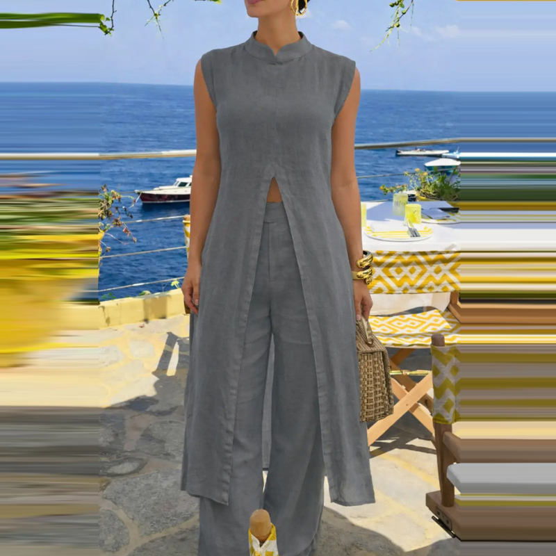Ensemble décontracté 2 pièces pour femme, élégant et tendance, couleur unie, pull long fendu à col rond et pantalon long