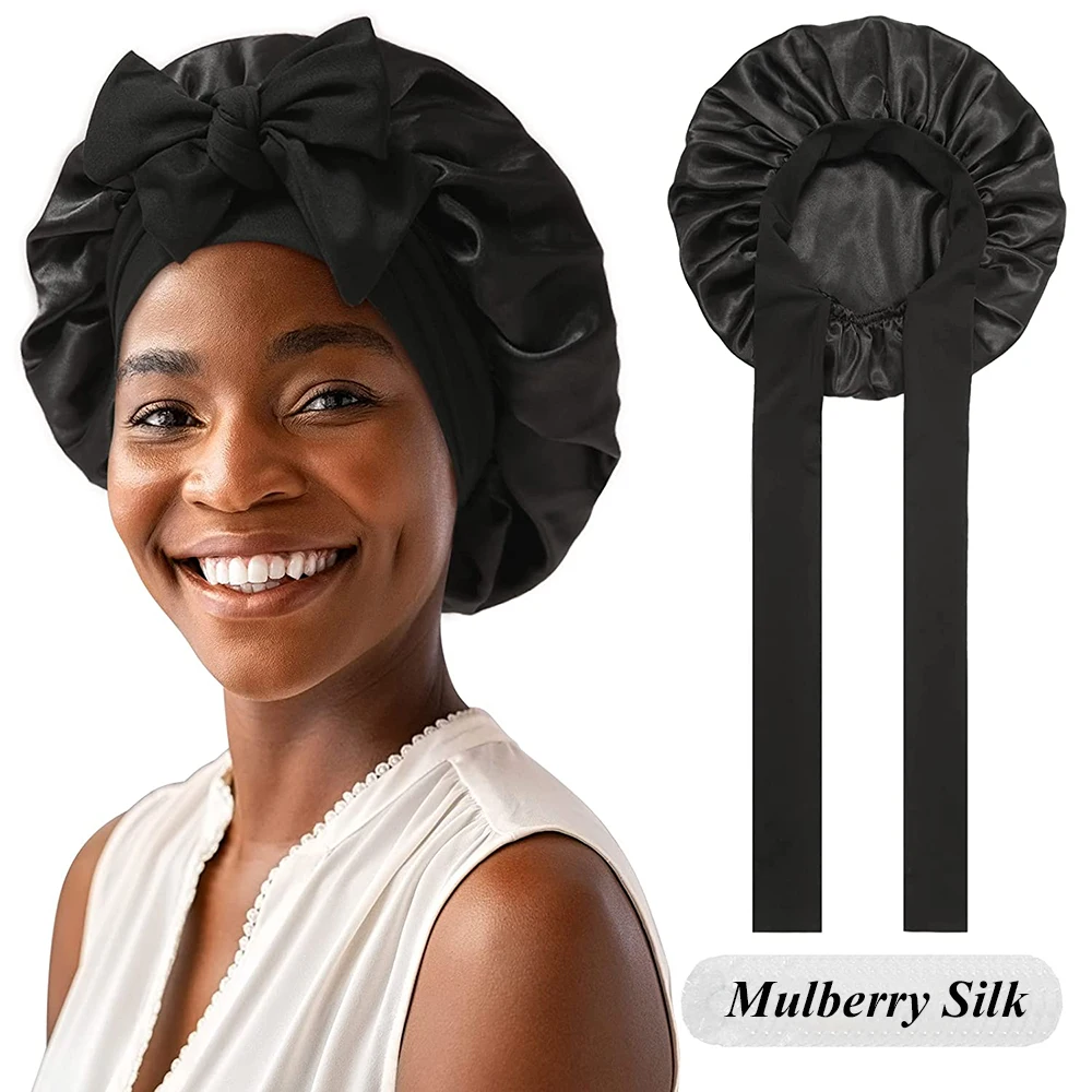 Bonnet de nuit 100 % soie de mûrier pour femmes aux cheveux bouclés, bonnet en satin ajustable avec large bande élastique pour un soin des cheveux sans dommages et un séchage rapide