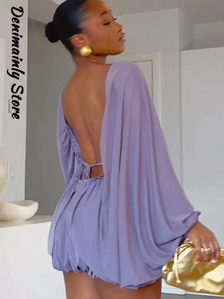 Robe Mini Bohème Femme à Lacets, Col Rond Ample, Manches Chauve-Souris Plissées, Dos Nu, Robes d'Été 2026 pour Vacances et Fêtes