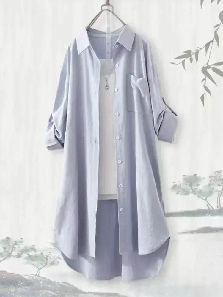 Grande taille femmes Simple à manches longues Blouse Chic Style coréen coupe ample respirant chemise décontracté automne couleur unie Midi tunique hauts