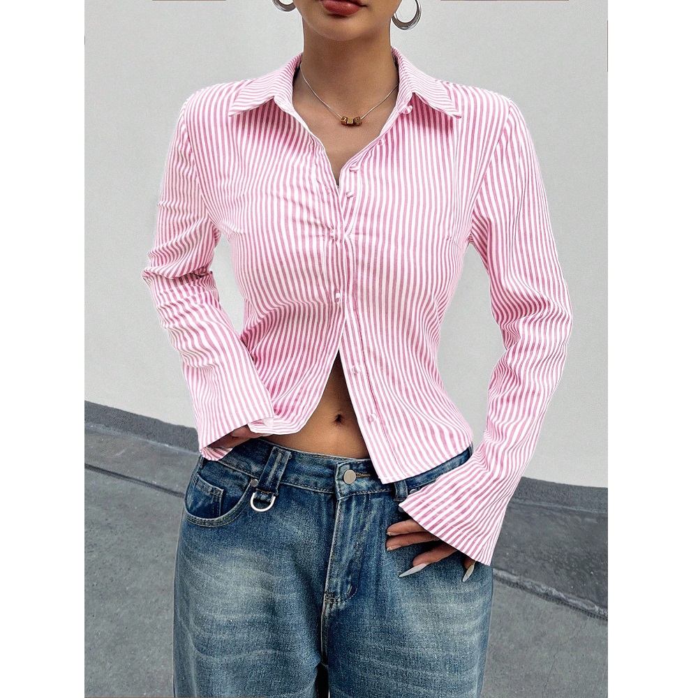 Femmes automne printemps chemises et chemisiers dames rayé à manches longues simple boutonnage chemise hauts