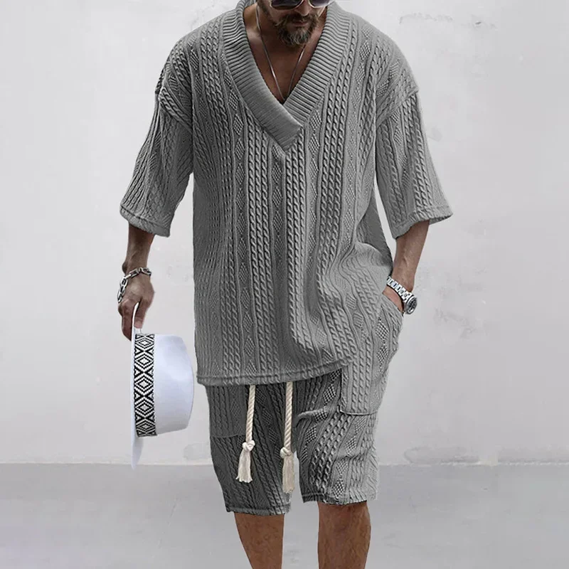 Ensemble deux pièces tricoté pour hommes, ensemble Short et haut décontracté, col en v, T-shirt à manches courtes et Short, Streetwear, tenues en tricot, été