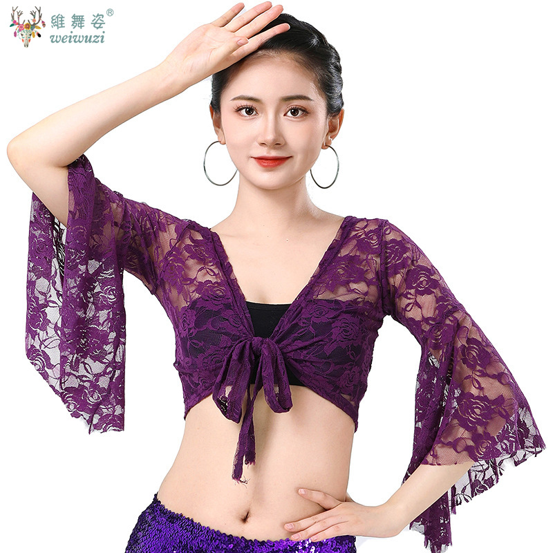 Costume de danse du ventre pour femmes, manches évasées en maille, châle à lacets, boléro, hauts, chemise de Ballet latine, Costume de spectacle