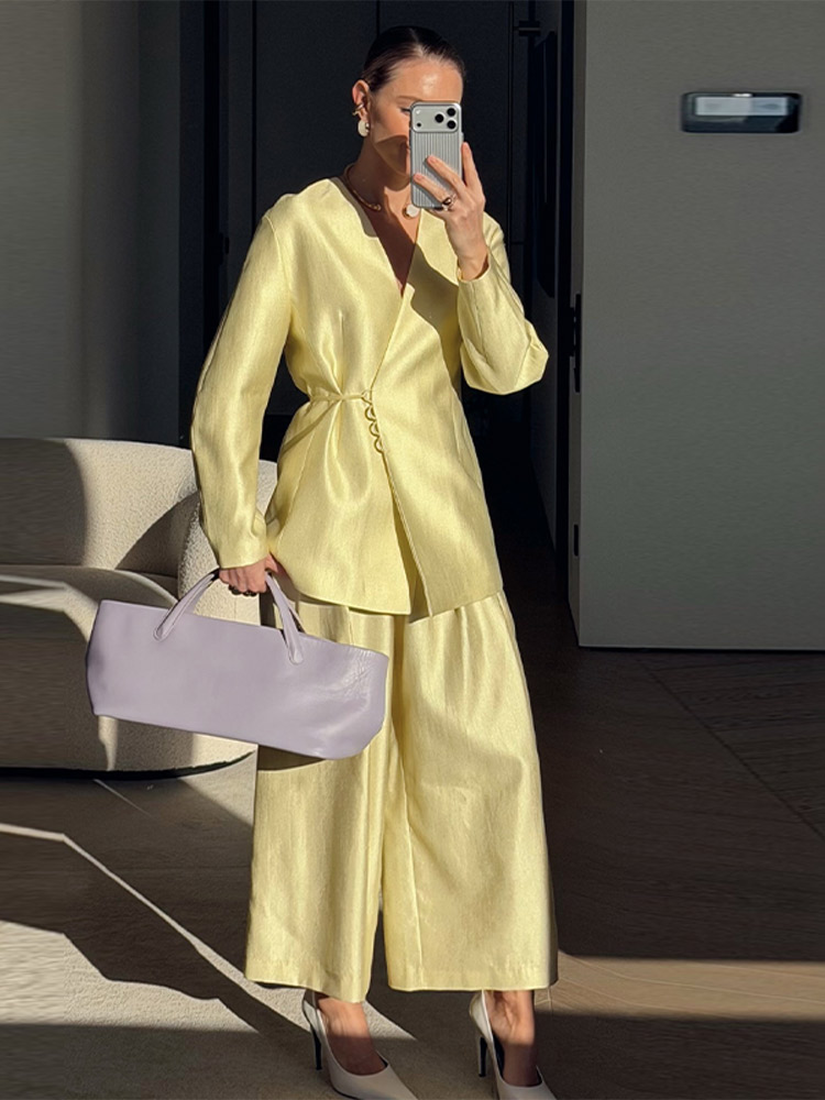 Ensemble veste et pantalon style kimono pour femme, veste ample à col en V avec lacets latéraux, pantalon large, tenue élégante pour le travail, printemps 2026