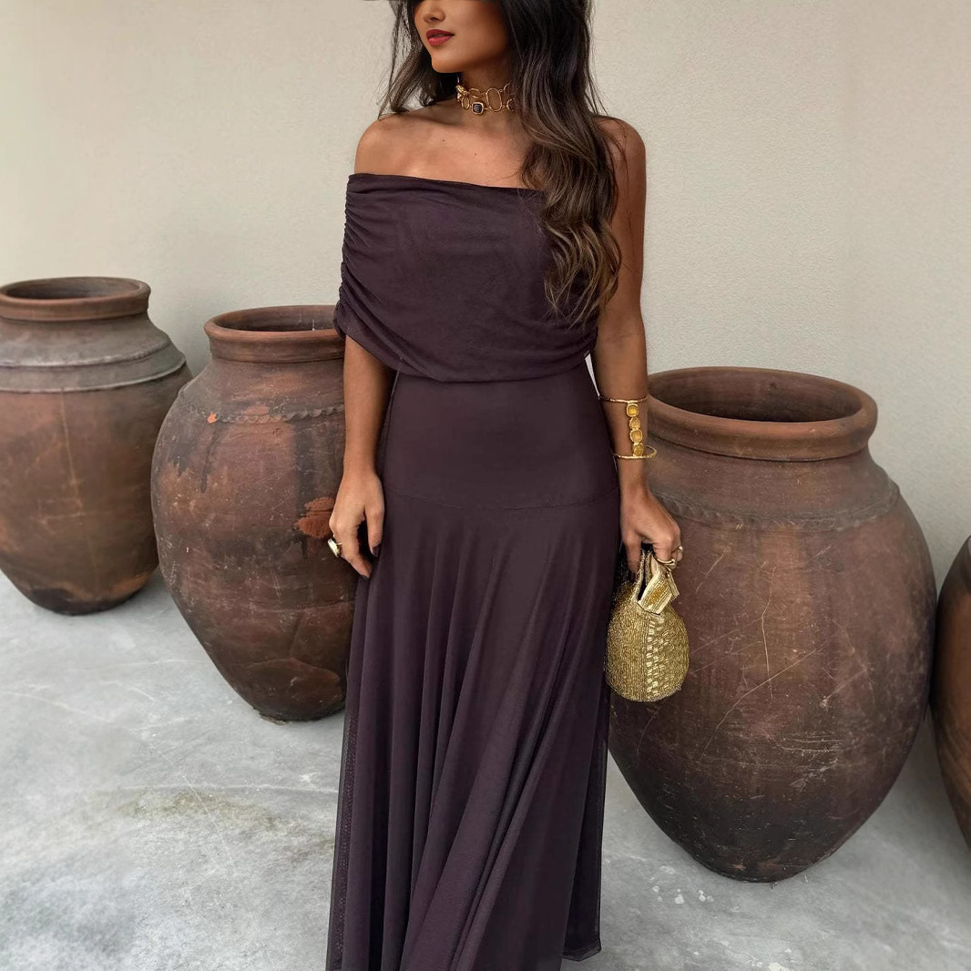 Robe bandeau d'été, robe maxi élégante drapée à épaules dénudées, robe de soirée ajustée style vacances