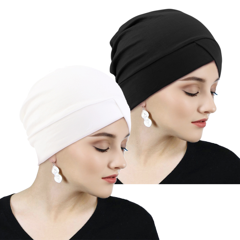 2 pièces/lot croix musulman Turban couleur unie coton chimio Hijabs casquettes femmes Hijab Bonnet perte de cheveux foulard Bandanas Turbante