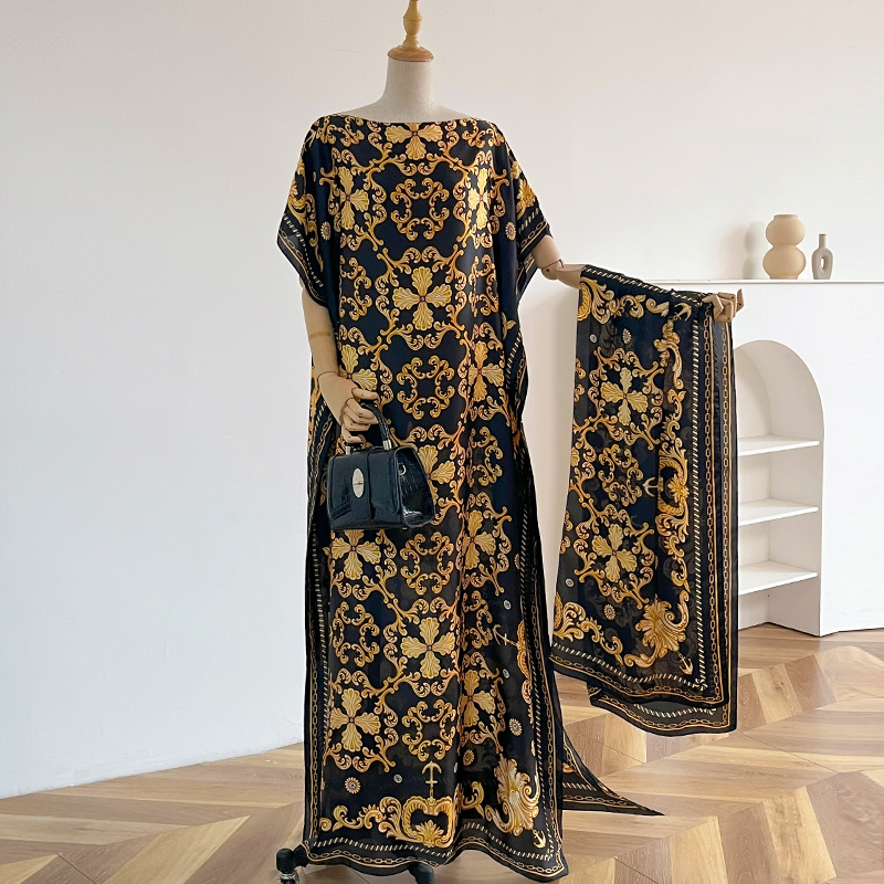 Abaya – robe d'été en coton à manches courtes pour femmes, tenue ample avec estampage doré, Maxi, africaine, avec grande écharpe, nouvelle collection 2025