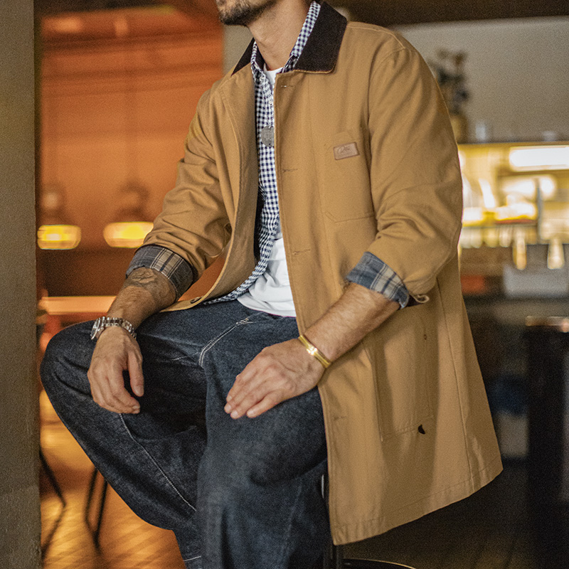 Maden Veste Michigan vintage mi-longue pour homme, coupe ample, manteau en toile lourde, kaki, vêtements de travail, vêtements d'extérieur décontractés d'automne
