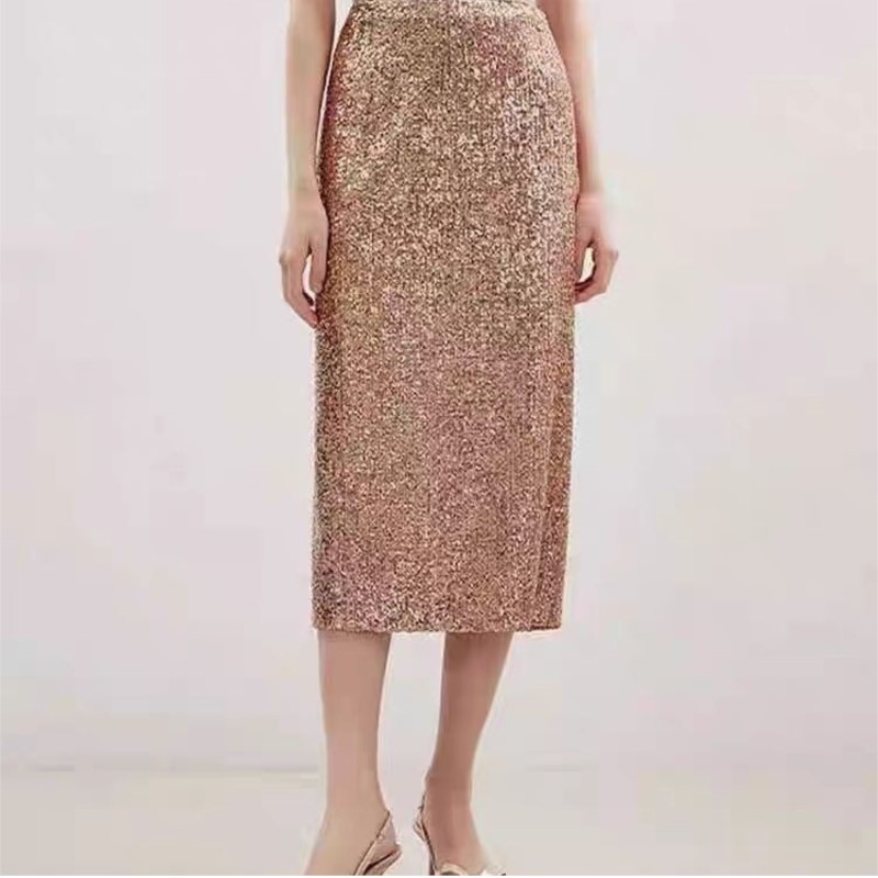 Jupe midi à sequins pour femme, style streetwear, taille haute, coupe droite, fendue, printemps automne 2026, Y2k