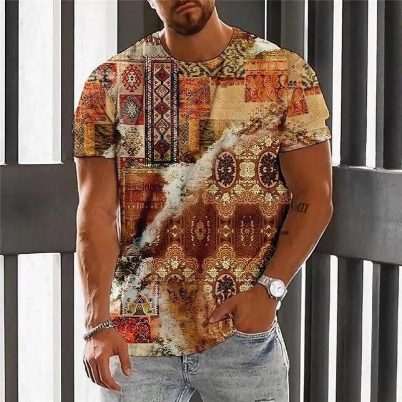 T-Shirt de luxe à motif rétro pour hommes, imprimé ethnique coloré en 3D, manches courtes, surdimensionné, hauts de rue, t-shirts de sport, été