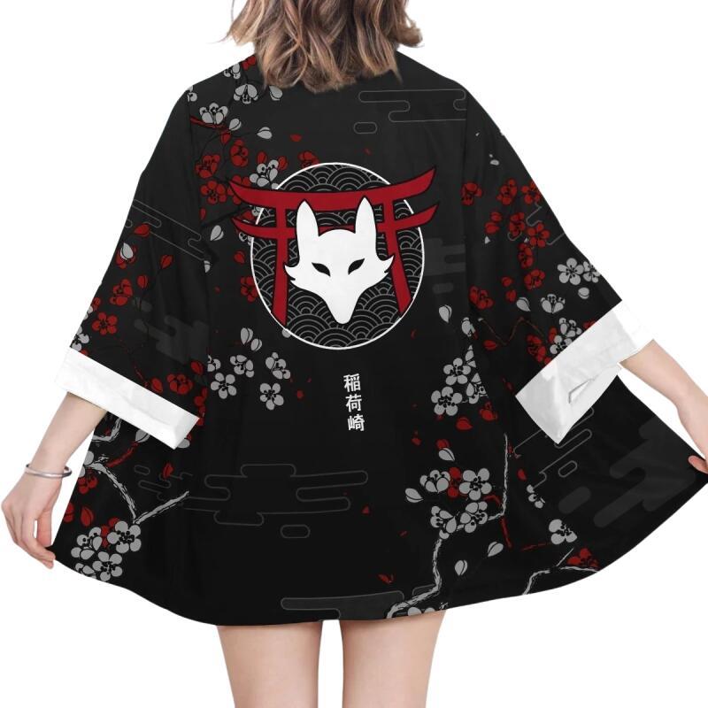 Kimono japonais imprimé renard Inari pour hommes et femmes, Costume traditionnel asiatique d'été Yukata Haori, Cardigan à fleurs rouge, Costumes de Cosplay
