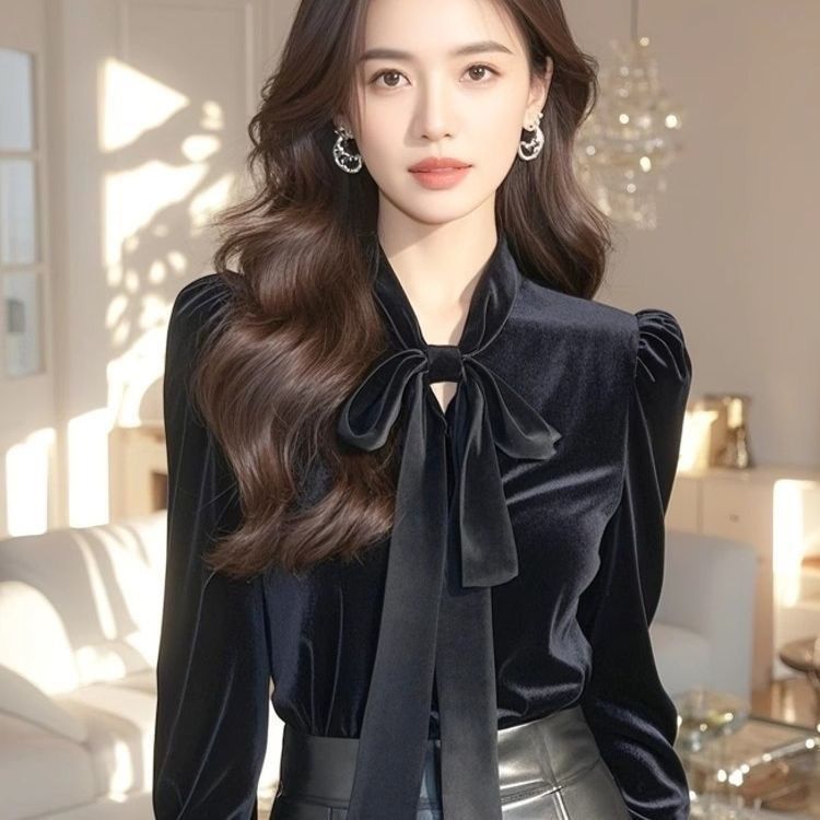 Chemisier Élégant en Velours Bleu Or pour Femme, Haut Chic Coréen, Épuisé, Tenue de Bureau, Basique