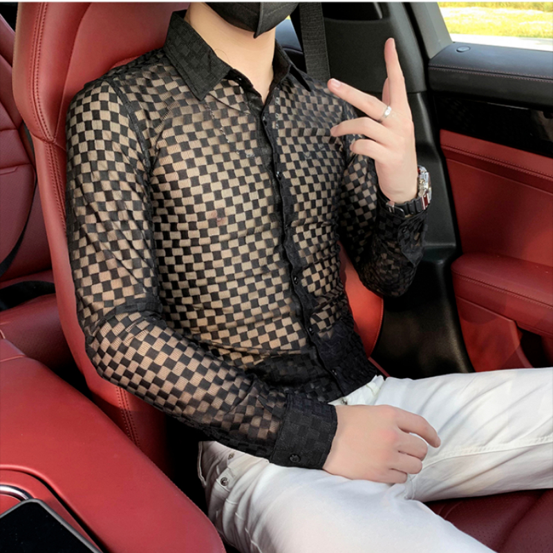 Printemps automne nouvelle mode Plaid un col pointu vêtements pour hommes chemises à manches longues bouton évider mince coréen Chaopai Blouse
