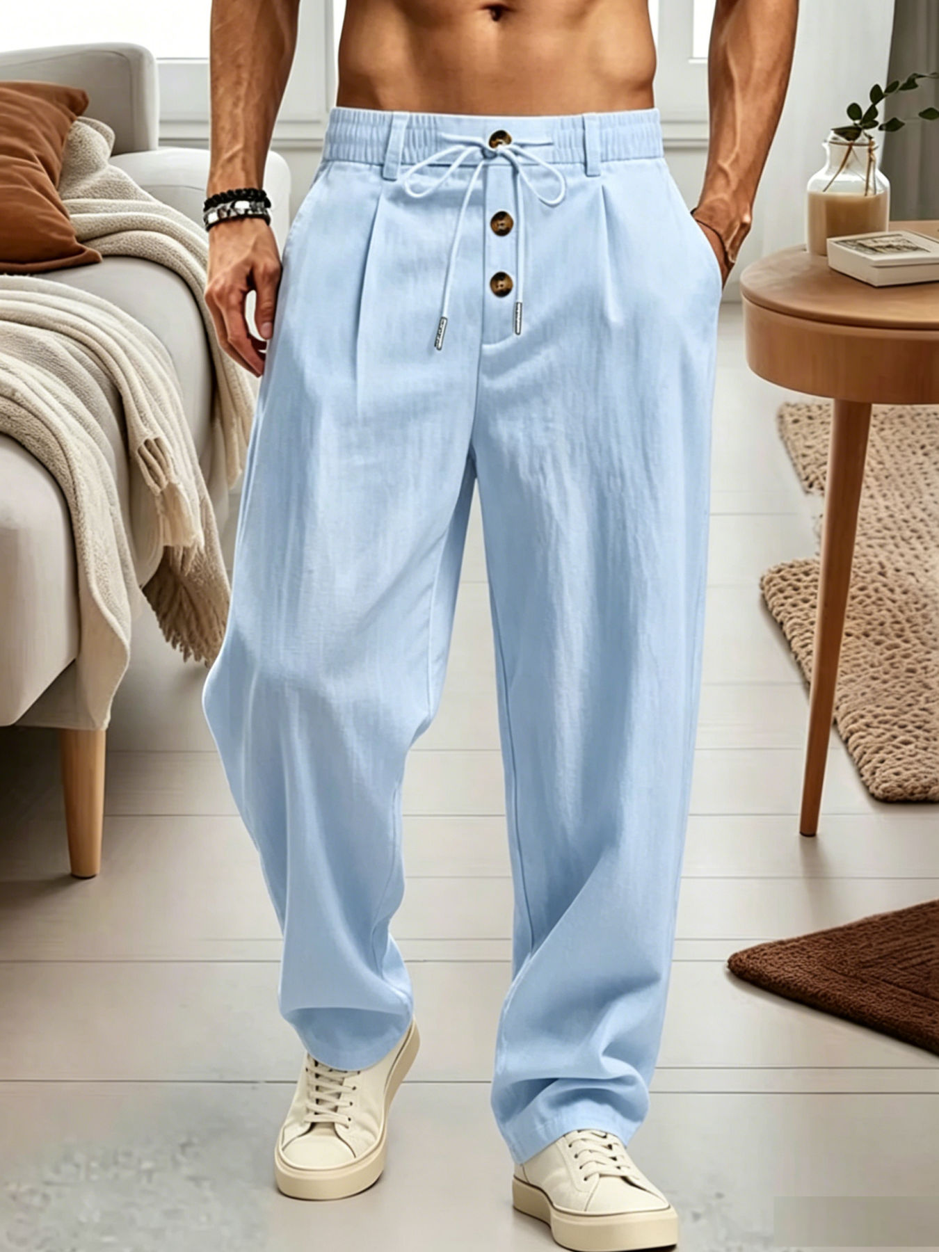 Pantalon décontracté en lin pour homme, taille élastique avec cordon de serrage, boutons, coupe droite, ample, pour l'été, la plage, plusieurs couleurs, usage quotidien