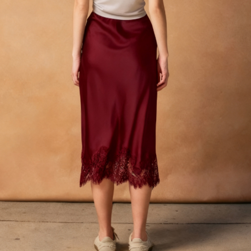 Femmes élégantes jupe Midi Satin soie dentelle garniture jupes fendues bureau dame taille haute coupe ajustée jupe moulante femme tenues de mode