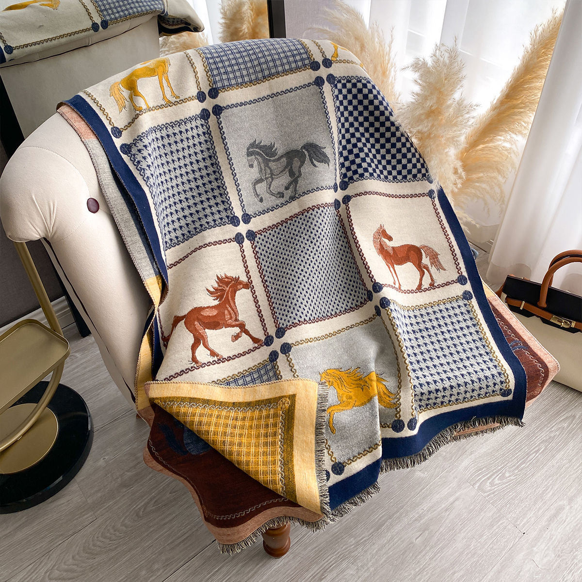 Écharpe imprimée cheval double face en Imitation cachemire pour femme, châle Pashmina doux et chaud, couverture coupe-vent résistante au froid, nouvelle collection automne hiver