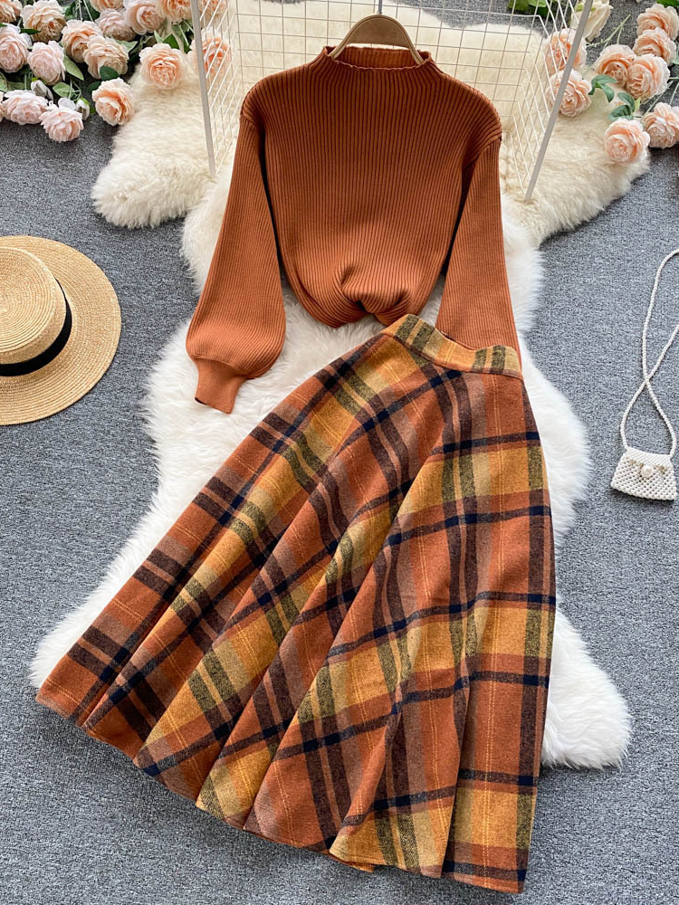 Ensemble Deux Pièces Vintage pour Femme, Pull à Manches sulf, Haut en Tricot + Jupe Longue à Carreaux Taille Haute, Costumes Élégants Orange, Automne et Hiver