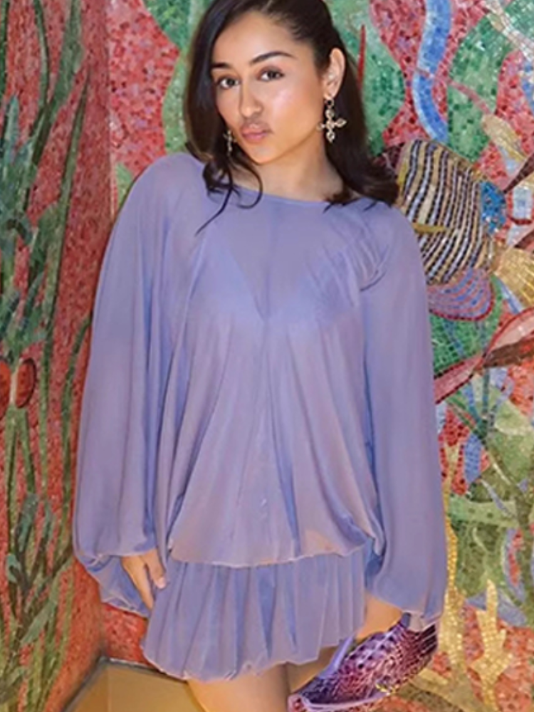 Robe Mini Bohème Femme à Lacets, Col Rond Ample, Manches Chauve-Souris Plissées, Dos Nu, Robes d'Été 2026 pour Vacances et Fêtes