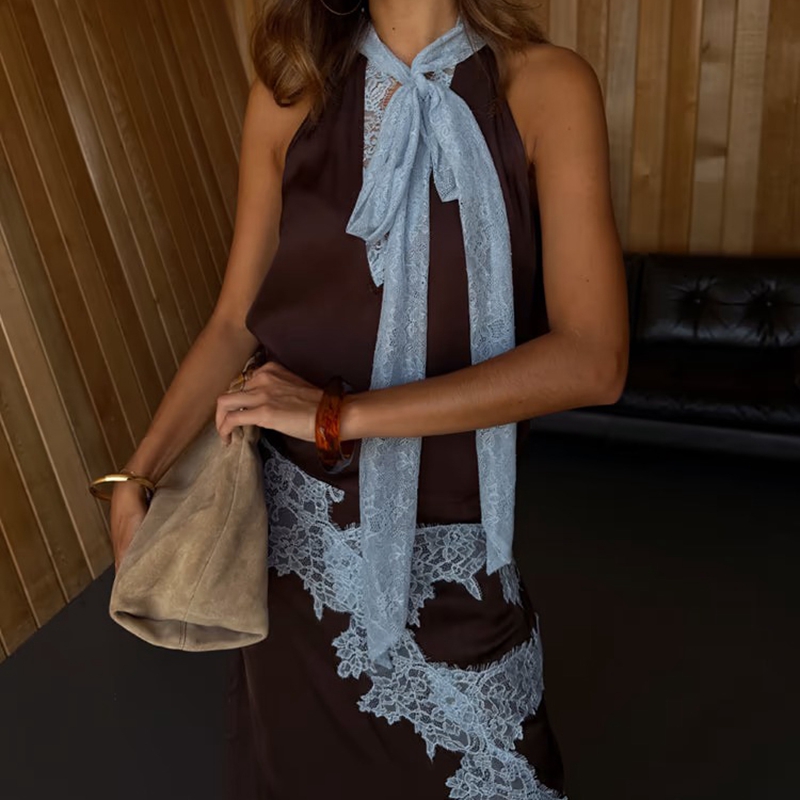 Ensemble jupe en satin élégant pour femmes, haut sans dos à col montant avec bordure en dentelle, jupe maxi asymétrique, tenue de sortie Y2k soyeuse