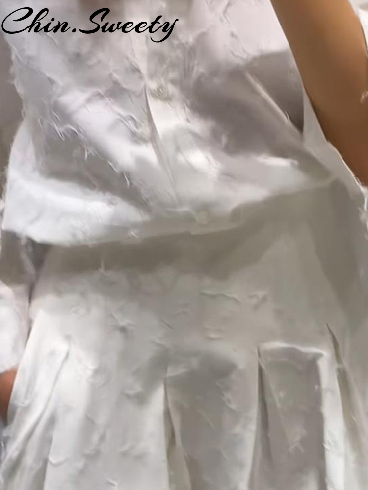 Élégant blanc gland chemise jupe femmes tenue revers à manches longues bouton chemises plissées mi jupes 2025 été 2 pièces dame ensemble