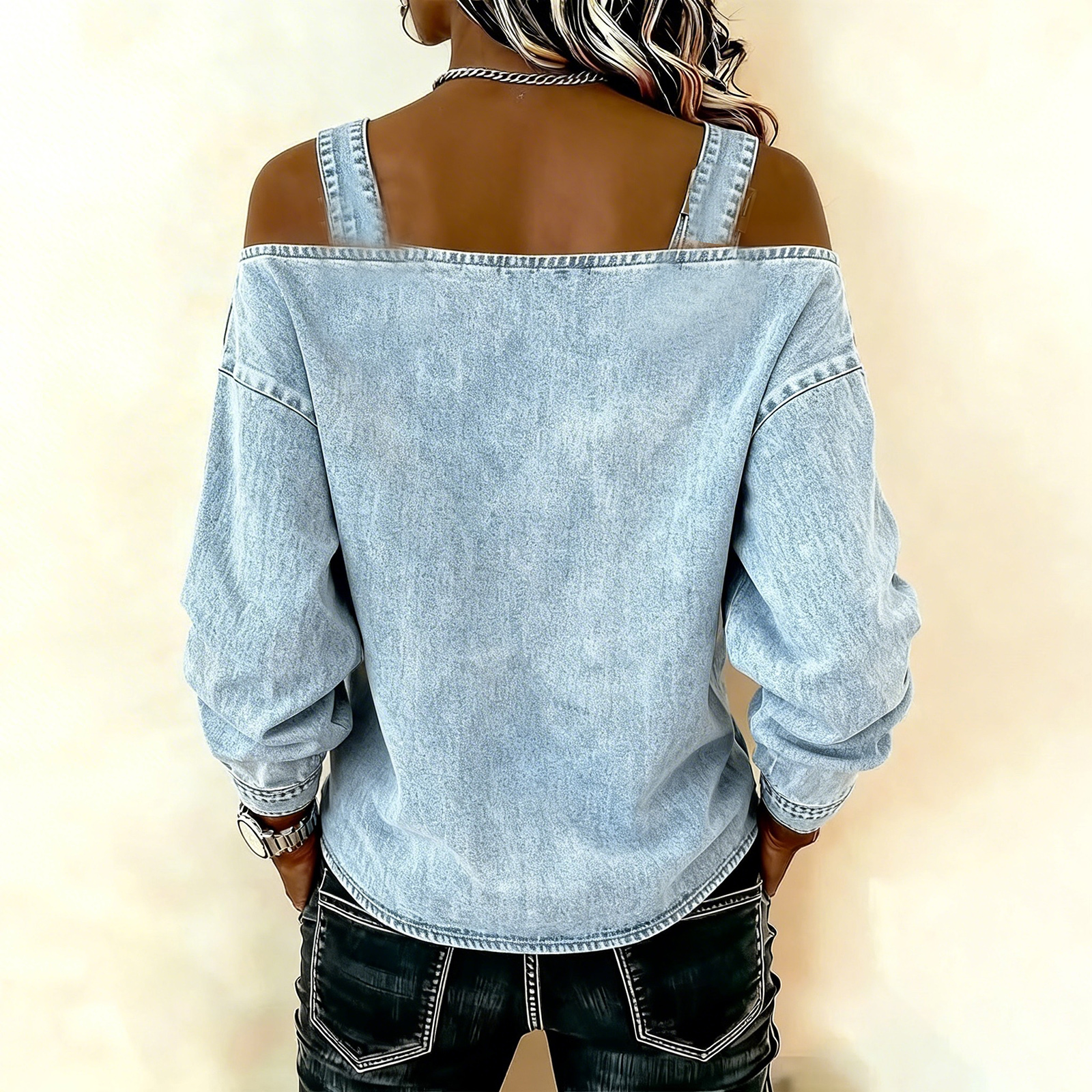 Haut en jean pour femme, haut élégant à épaules dénudées et manches longues avec bretelles, chemise en jean élégante et polyvalente, Streetwear