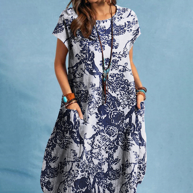 Robes pour femmes 2026 en coton et lin, imprimées végétales, col rond, poches, manches courtes, ourlet irrégulier, longueur genou, vêtements vestidoes