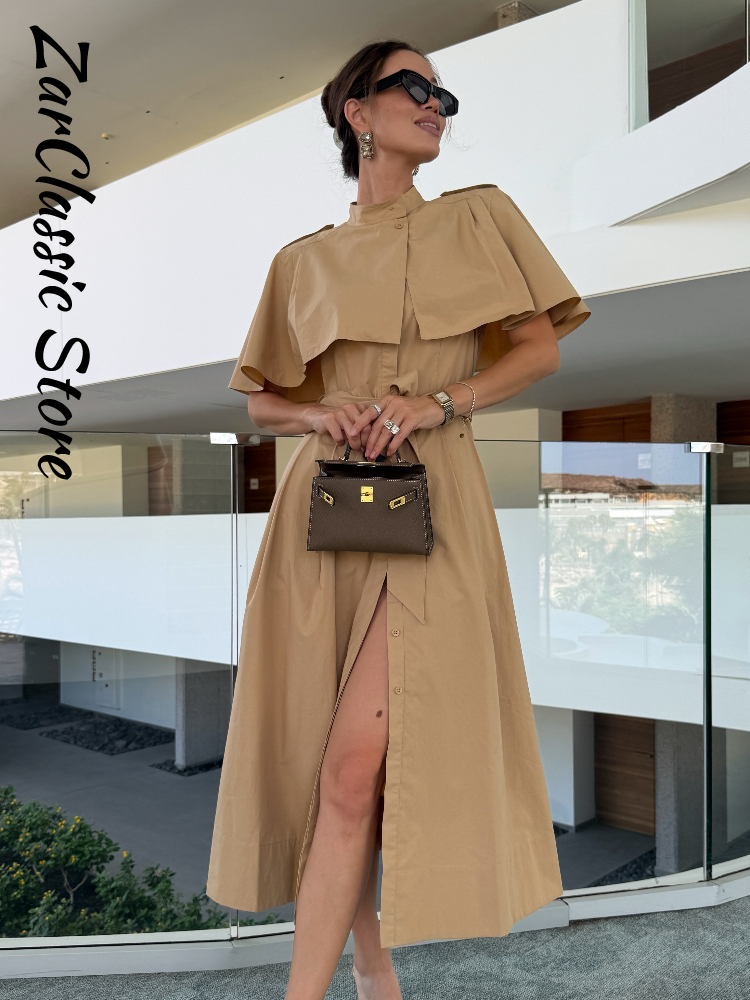 Robe élégante pour femme avec châle, col montant, taille nouée, sans manches, longue, couleur kaki, nouvelle robe décontractée d'été pour le street style 2026