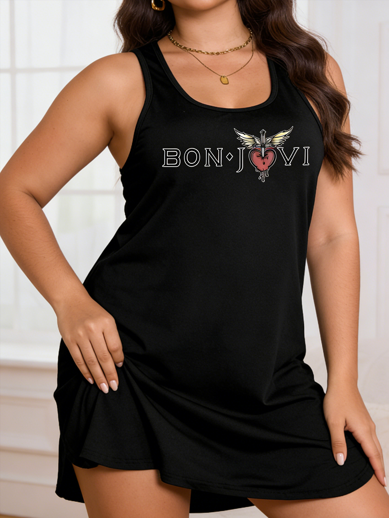 Robe sans manches grande taille pour femme - Robe d'été décontractée à imprimé lettres rock, légère et lavable en machine.
