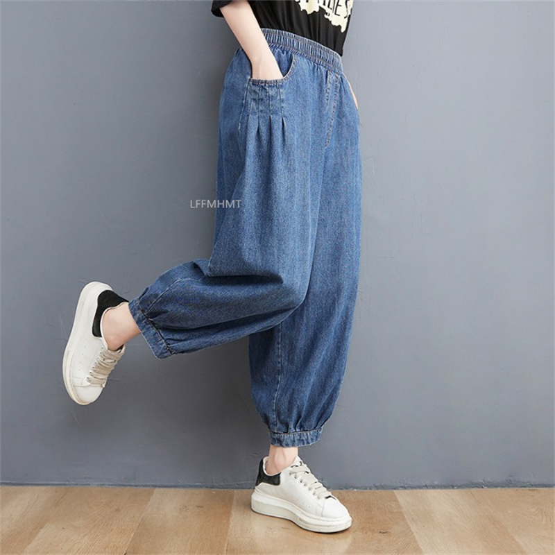 Jean Vintage en Denim pour Femme, Couleur Unie, Mode d'Été, Taille artificiel astique, Baggy, Style Japonais, Longueur de Rinçage, Harem fjgy