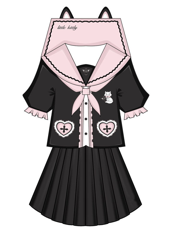 Ensemble deux pièces japonais Kawaii pour femmes, chemisier en dentelle brodée de chat esthétique, grunge + mini jupes plissées dégradées, tenue trempée, Y2K