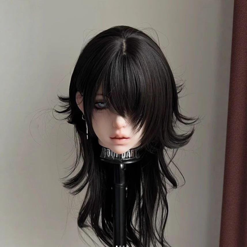Perruque complète en tulle, style queue de loup, coupe mullet, tête de poisson, cheveux bouclés, pour simulation de cosplay anime, volumineuse et à couches