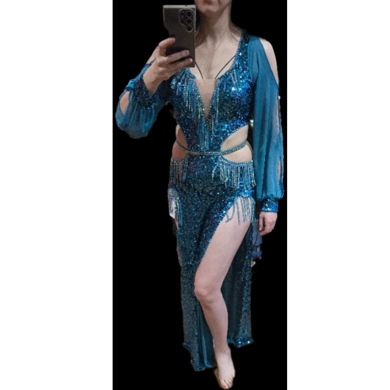 Robe BALADI à paillettes brillantes, costume de danse du ventre égyptien, ensemble de performance de compétition de groupe, robes à manches longues avec bandeau