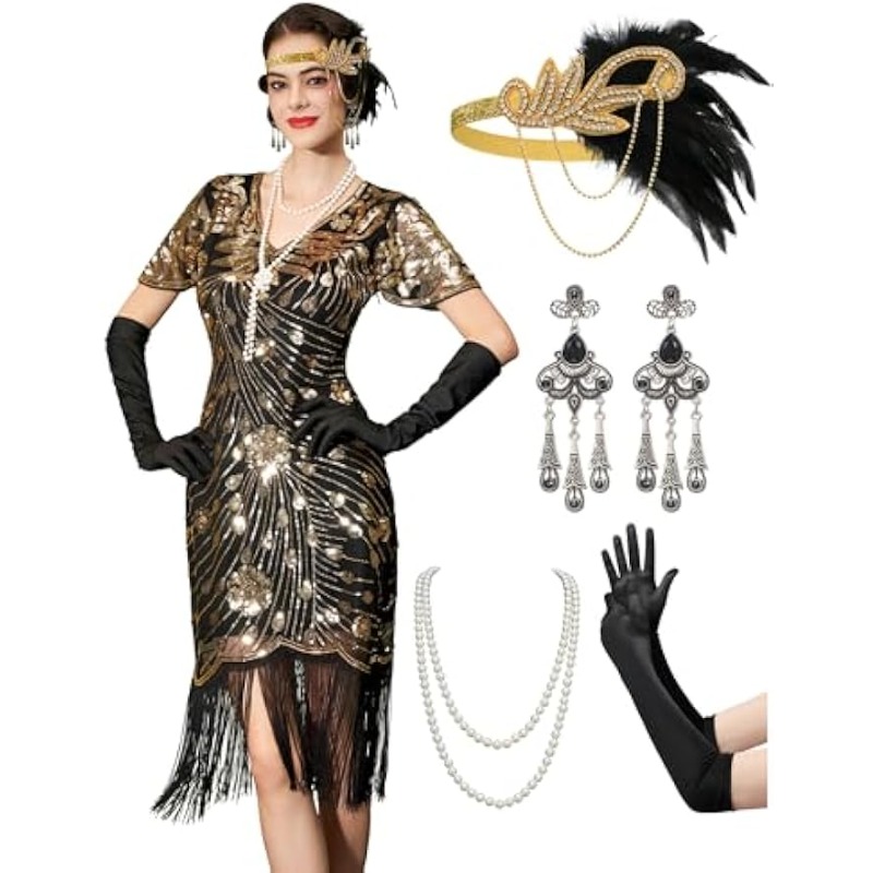 Robes à clapet des années 1920, robes Gatsby pour femmes, Costumes rugissants à franges des années 20 avec accessoires des années 20 pour les nuits Harlem