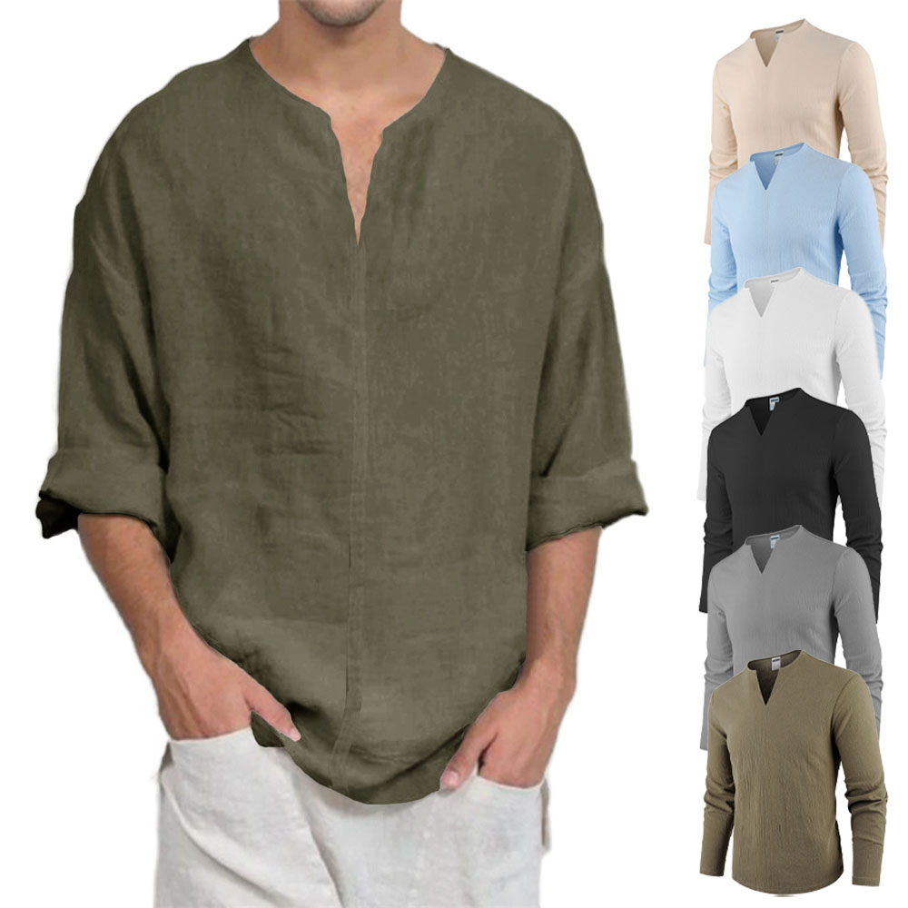 T-shirt à manches longues et col en v pour hommes, en coton et lin, décontracté, couleur unie, léger, respirant, confortable, à la mode