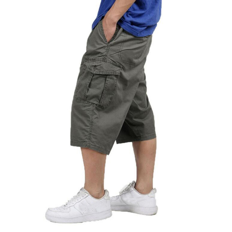 Pantalon ample en coton pour hommes, baggy cargo, longueur aux genoux, style décontracté, kaki, grandes tailles 3xl, 4xl, 5xl et 6xl