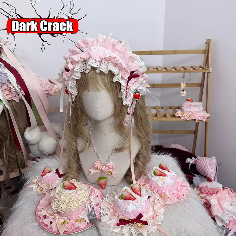 Chapeau Bonnet Gâteau aux Fraises Lolita Fait Main, Épingle à Cheveux, Coiffe en Dentelle Rose, Bandeau Harajuku Y2K Kawaii, Accessoires pour Cheveux